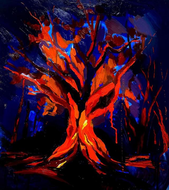 Lina Fateeva, Scarlet Tree, olej na sololitu, 46 x 51 cm, do 06/29